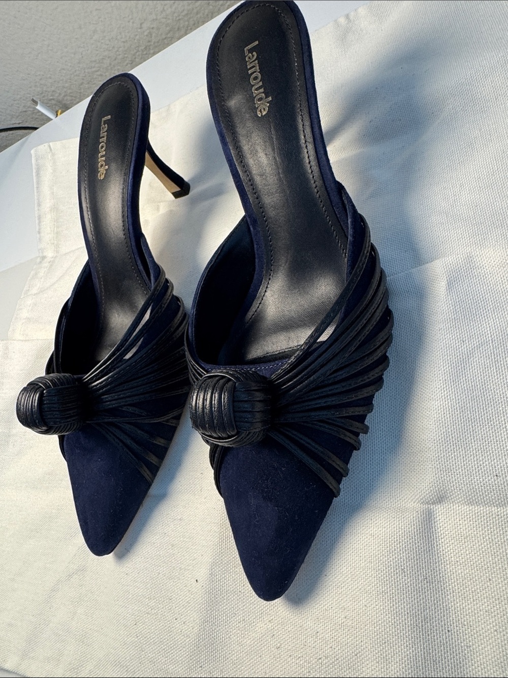 Larroude Navy Pointed Knot-Front Mule Heels